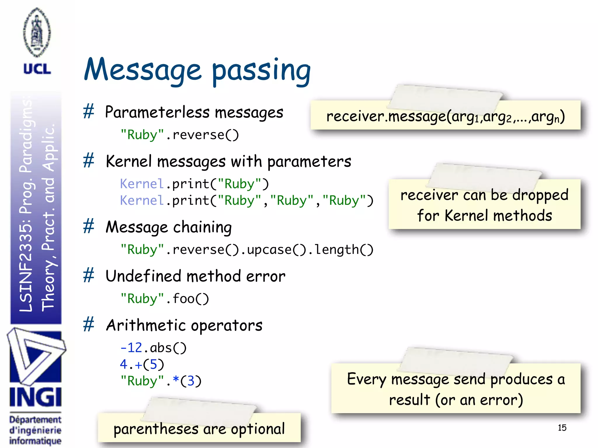 LSINF2335:Prog.Paradigms:
Theory,Pract.andApplic.
Message passing
# Parameterless messages
"Ruby".reverse()
# Kernel messages with parameters
Kernel.print("Ruby") 
Kernel.print("Ruby","Ruby","Ruby")
# Message chaining
"Ruby".reverse().upcase().length()
# Undefined method error
"Ruby".foo()
# Arithmetic operators
-12.abs() 
4.+(5) 
"Ruby".*(3)
15
Every message send produces a
result (or an error)
receiver.message(arg1,arg2,...,argn)
receiver can be dropped
for Kernel methods
parentheses are optional
 