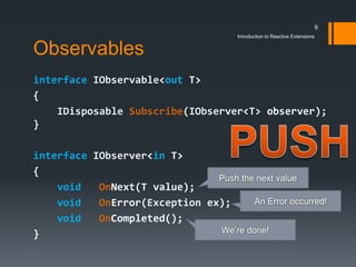 9
                                    Introduction to Reactive Extensions


Observables
interface IObservable<out T>
{
   ...