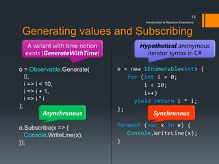 13
                                        Introduction to Reactive Extensions


 Generating values and Subscribing
   A variant with time notion         Hypothetical anonymous
  exists (GenerateWithTime)             iterator syntax in C#

o = Observable.Generate(        e = new IEnumerable<int> {
   0,                              for (int i = 0;
   i => i < 10,                         i < 10;
   i => i + 1,                          i++)
   i => i * i                        yield return i * i;
);
                                };
            Asynchronous                   Synchronous

o.Subscribe(x => {              foreach (var x in e) {
   Console.WriteLine(x);           Console.WriteLine(x);
});                             }
 