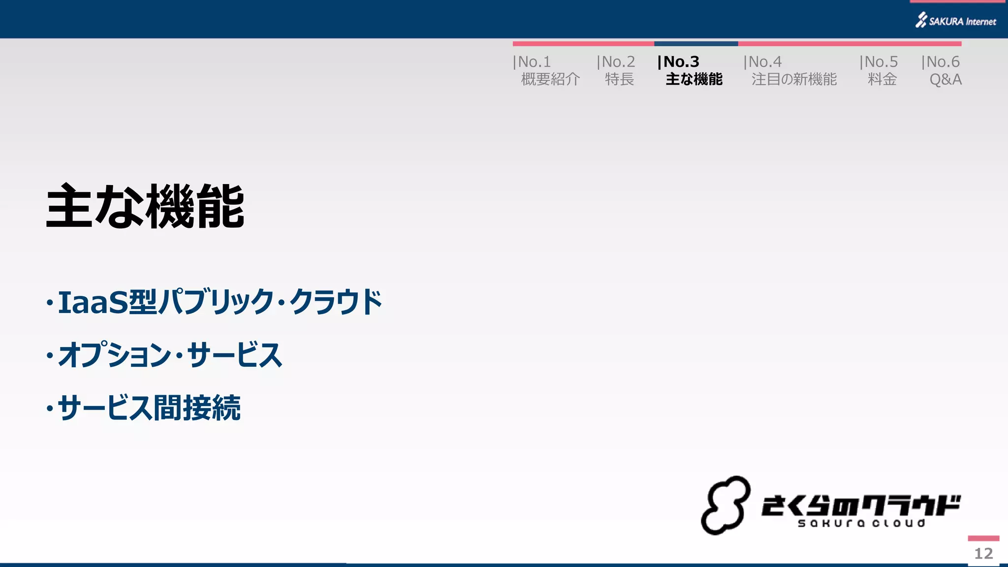12
・IaaS型パブリック・クラウド
・オプション・サービス
・サービス間接続
主な機能
|No.2
特長
|No.3
主な機能
|No.1
概要紹介
|No.4
注目の新機能
|No.5
料金
|No.6
Q&A
12
 