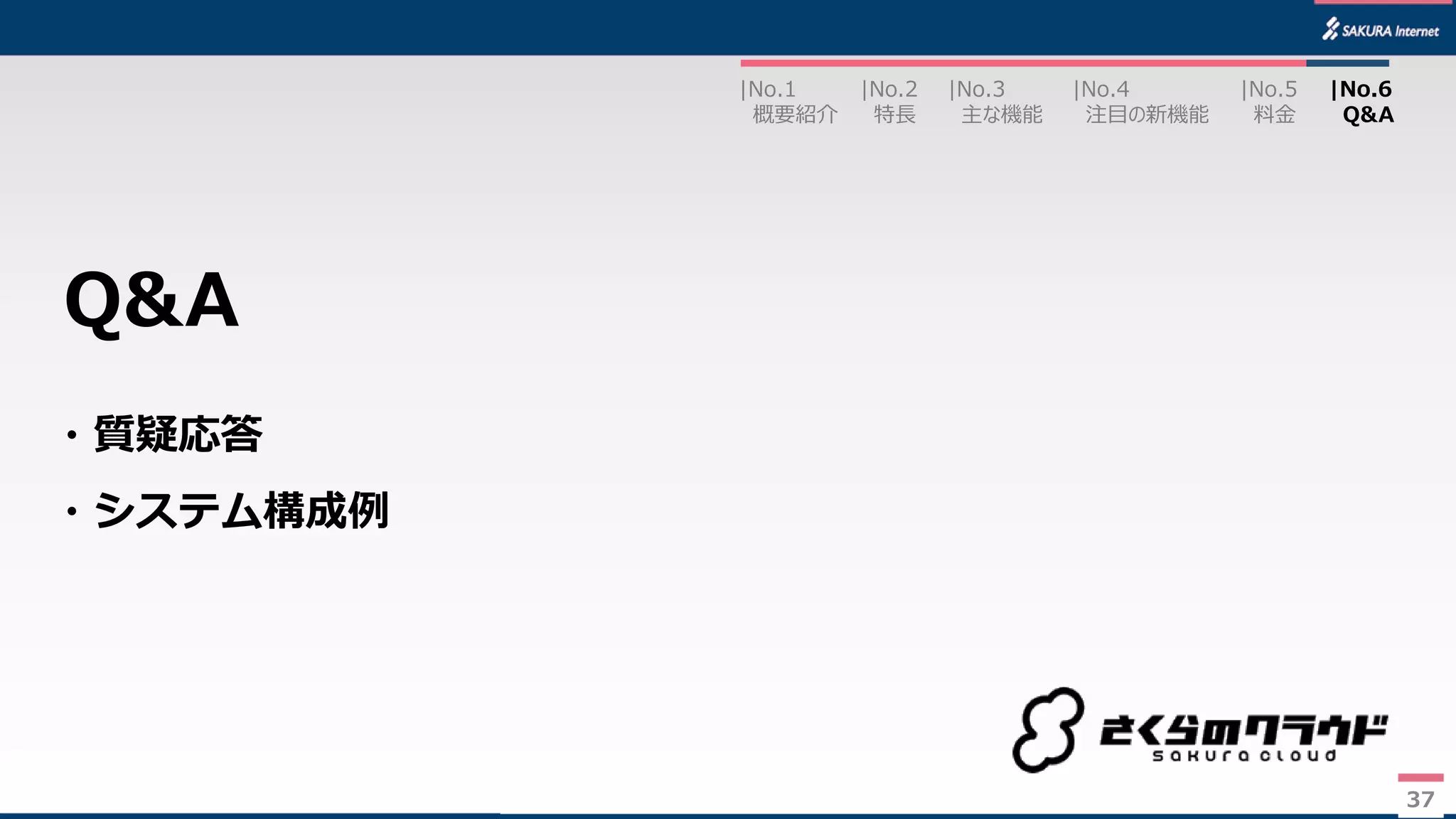 37
・質疑応答
・システム構成例
Q&A
|No.2
特長
|No.3
主な機能
|No.1
概要紹介
|No.4
注目の新機能
|No.5
料金
|No.6
Q&A
37
 