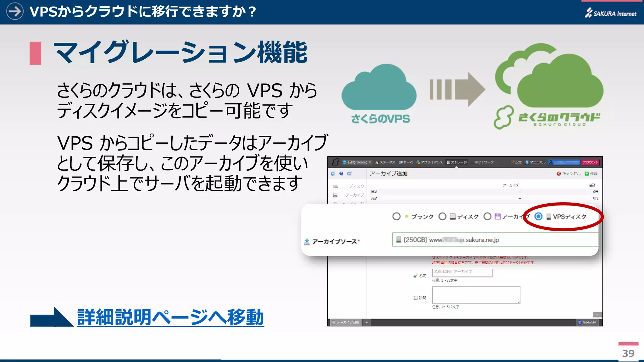 39
VPSからクラウドに移行できますか？
▌マイグレーション機能
さくらのクラウドは、さくらの VPS から
ディスクイメージをコピー可能です
VPS からコピーしたデータはアーカイブ
として保存し、このアーカイブを使い
クラウド上でサーバを起動できます
39
詳細説明ページへ移動
 