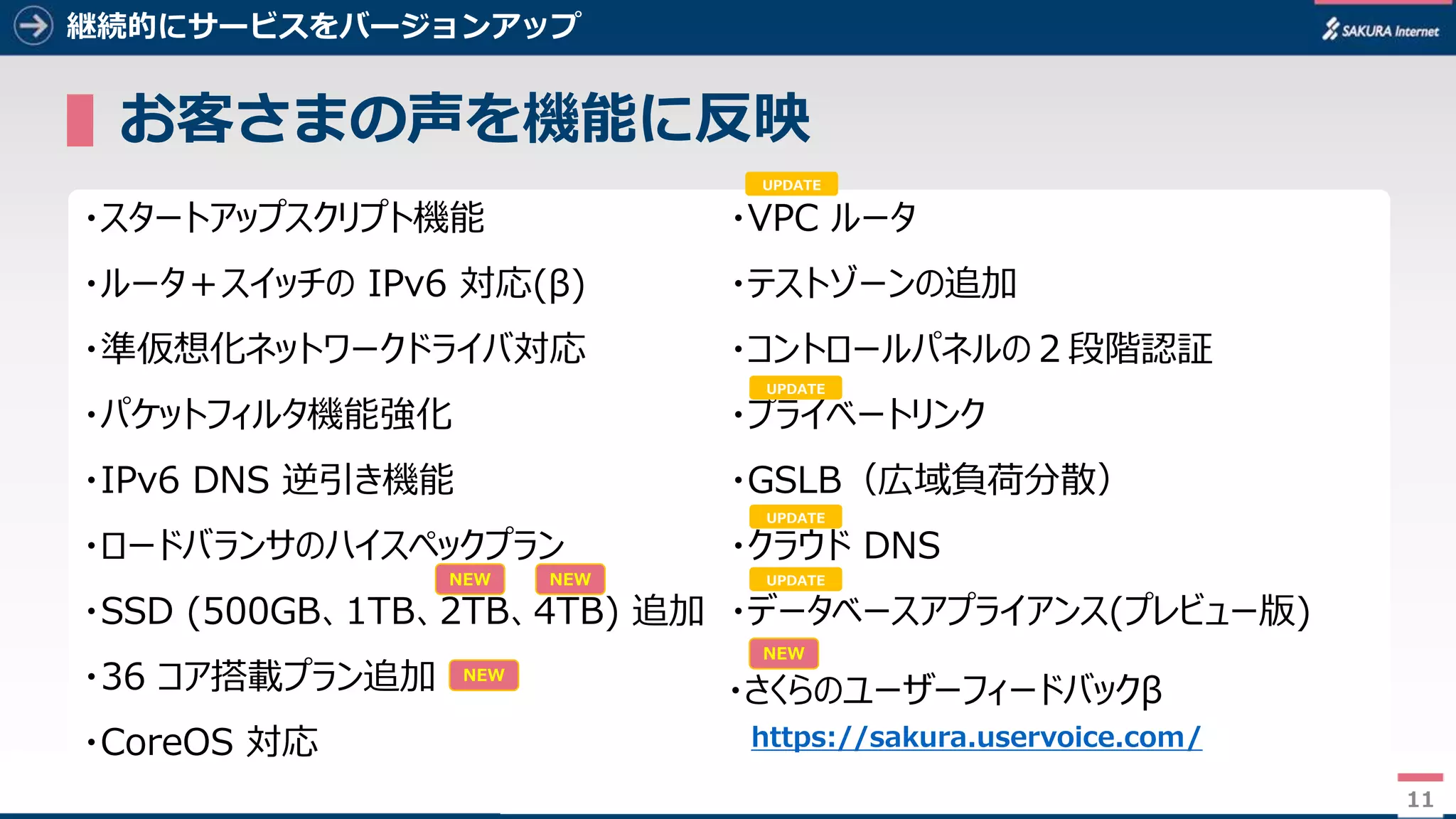 11
継続的にサービスをバージョンアップ
▌お客さまの声を機能に反映
11
・スタートアップスクリプト機能
・ルータ＋スイッチの IPv6 対応(β)
・準仮想化ネットワークドライバ対応
・パケットフィルタ機能強化
・IPv6 DNS 逆引き機能
・ロードバランサのハイスペックプラン
・SSD (500GB、1TB、2TB、4TB) 追加
・36 コア搭載プラン追加
・CoreOS 対応
・VPC ルータ
・テストゾーンの追加
・コントロールパネルの２段階認証
・プライベートリンク
・GSLB（広域負荷分散）
・クラウド DNS
・データベースアプライアンス(プレビュー版)
NEW
NEW
UPDATE
UPDATE
UPDATE
UPDATE
・さくらのユーザーフィードバックβ
https://sakura.uservoice.com/
NEW
NEW
 