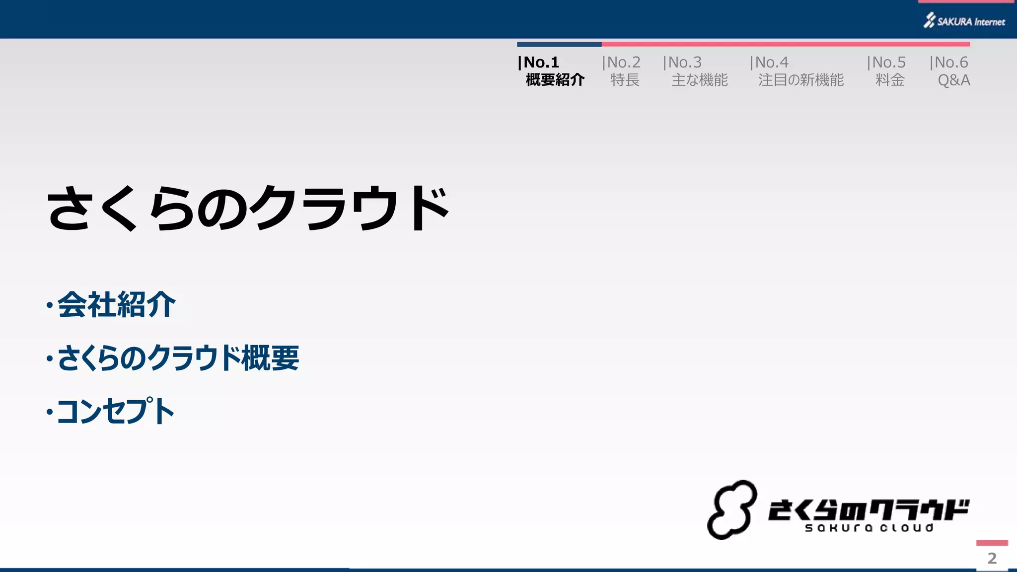 2
・会社紹介
・さくらのクラウド概要
・コンセプト
さくらのクラウド
|No.2
特長
|No.3
主な機能
|No.1
概要紹介
|No.4
注目の新機能
|No.5
料金
|No.6
Q&A
2
 