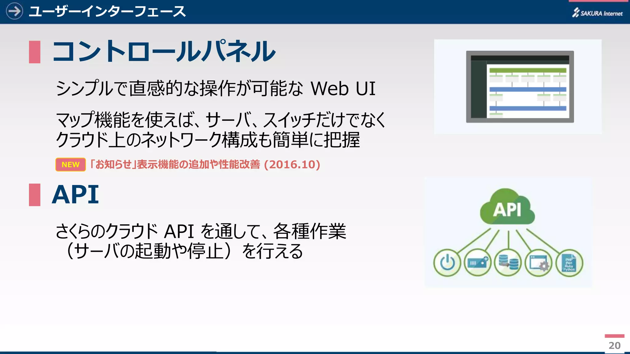 20
ユーザーインターフェース
▌コントロールパネル
シンプルで直感的な操作が可能な Web UI
マップ機能を使えば、サーバ、スイッチだけでなく
クラウド上のネットワーク構成も簡単に把握
▌API
さくらのクラウド API を通して、各種作業
（サーバの起動や停止）を行える
20
NEW 「お知らせ」表示機能の追加や性能改善 (2016.10)
 