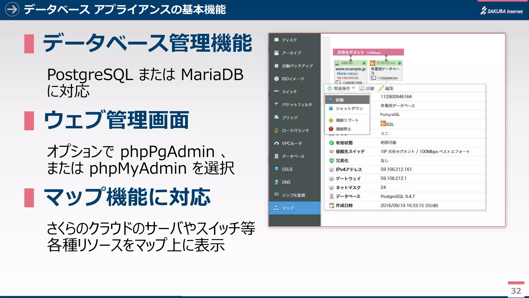 32
データベース アプライアンスの基本機能
▌データベース管理機能
PostgreSQL または MariaDB
に対応
▌ウェブ管理画面
オプションで phpPgAdmin 、
または phpMyAdmin を選択
▌マップ機能に対応
さくらのクラウドのサーバやスイッチ等
各種リソースをマップ上に表示
32
 