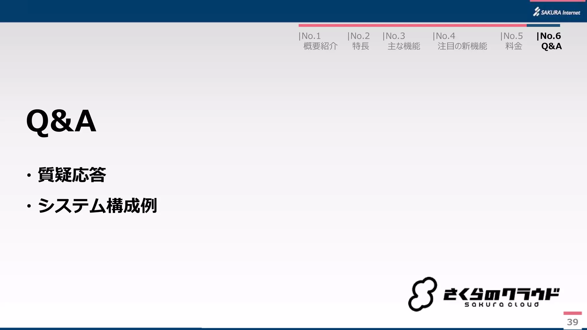 39
・質疑応答
・システム構成例
Q&A
|No.2
特長
|No.3
主な機能
|No.1
概要紹介
|No.4
注目の新機能
|No.5
料金
|No.6
Q&A
39
 