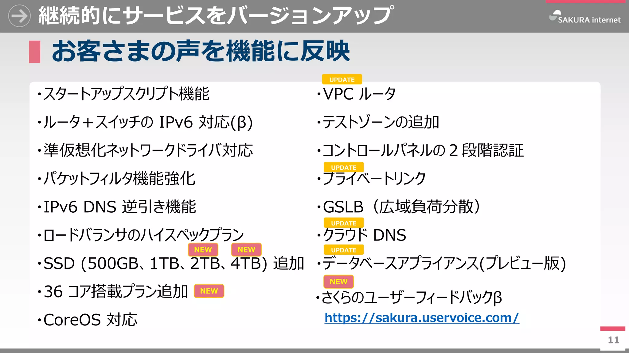 11
継続的にサービスをバージョンアップ
▌お客さまの声を機能に反映
11
・スタートアップスクリプト機能
・ルータ＋スイッチの IPv6 対応(β)
・準仮想化ネットワークドライバ対応
・パケットフィルタ機能強化
・IPv6 DNS 逆引き機能
・ロードバランサのハイスペックプラン
・SSD (500GB、1TB、2TB、4TB) 追加
・36 コア搭載プラン追加
・CoreOS 対応
・VPC ルータ
・テストゾーンの追加
・コントロールパネルの２段階認証
・プライベートリンク
・GSLB（広域負荷分散）
・クラウド DNS
・データベースアプライアンス(プレビュー版)
NEW
NEW
UPDATE
UPDATE
UPDATE
UPDATE
・さくらのユーザーフィードバックβ
https://sakura.uservoice.com/
NEW
NEW
 
