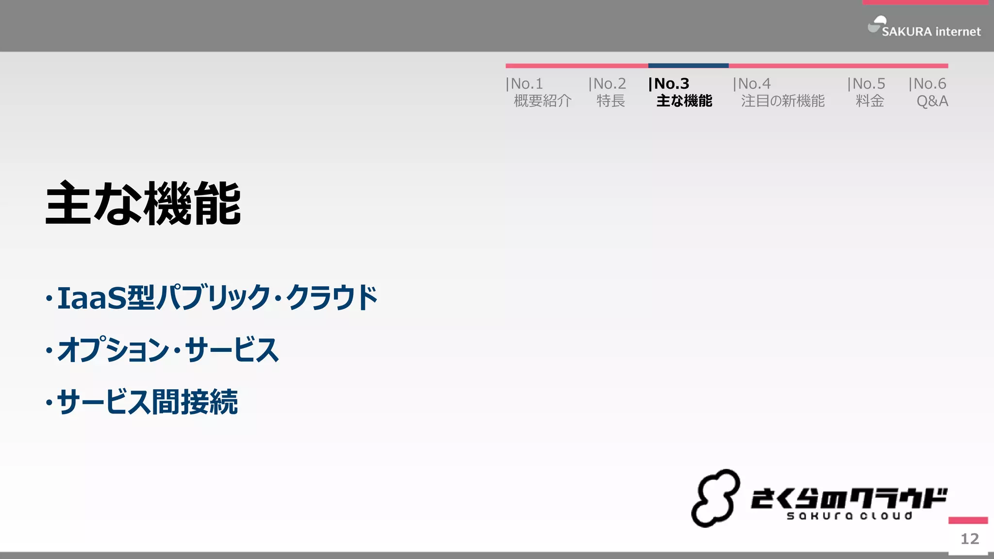 12
・IaaS型パブリック・クラウド
・オプション・サービス
・サービス間接続
主な機能
12
|No.2
特長
|No.3
主な機能
|No.1
概要紹介
|No.4
注目の新機能
|No.5
料金
|No.6
Q&A
 