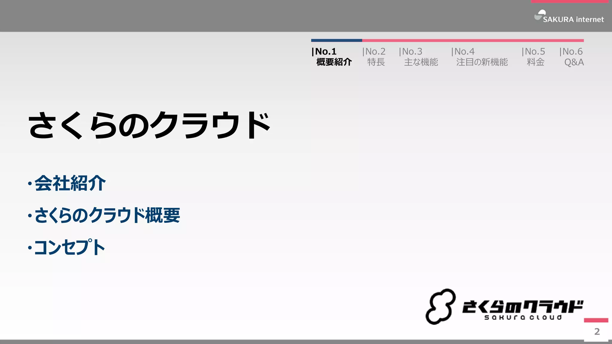 2
・会社紹介
・さくらのクラウド概要
・コンセプト
さくらのクラウド
|No.2
特長
|No.3
主な機能
|No.1
概要紹介
|No.4
注目の新機能
|No.5
料金
|No.6
Q&A
2
 