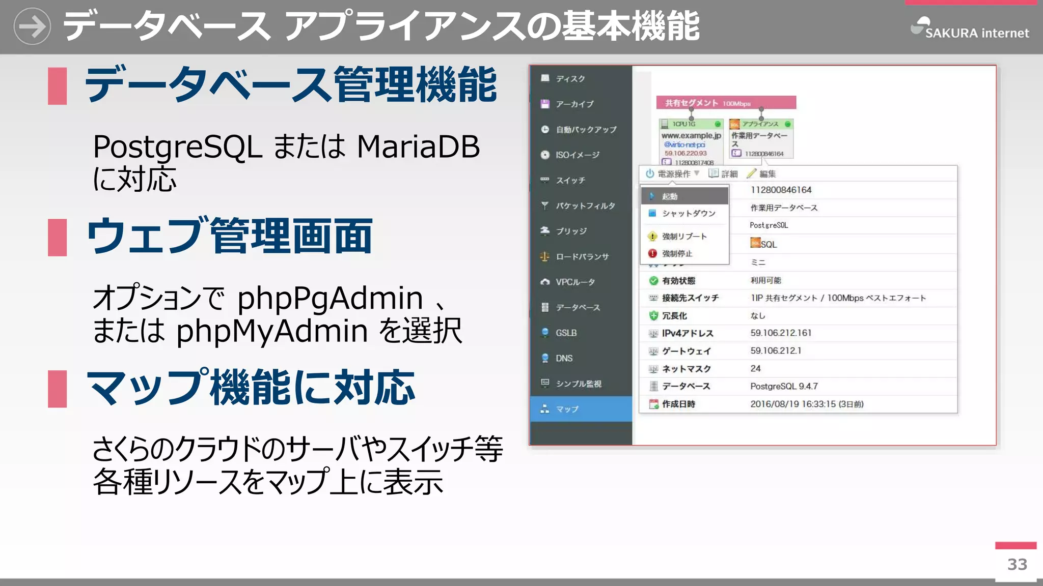 33
データベース アプライアンスの基本機能
▌データベース管理機能
PostgreSQL または MariaDB
に対応
▌ウェブ管理画面
オプションで phpPgAdmin 、
または phpMyAdmin を選択
▌マップ機能に対応
さくらのクラウドのサーバやスイッチ等
各種リソースをマップ上に表示
33
 