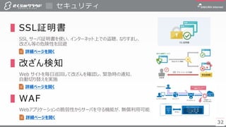 3232
▌SSL証明書
SSL サーバ証明書を使い、インターネット上での盗聴、なりすまし、
改ざん等の危険性を回避
▌改ざん検知
Web サイトを毎日巡回して改ざんを確認し、緊急時の通知、
自動切り替えを実施
▌WAF
Webアプリケーションの脆弱性からサーバを守る機能が、無償利用可能
セキュリティ
詳細ページを開く
詳細ページを開く
詳細ページを開く
 