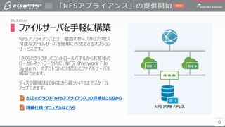6
▌ファイルサーバを手軽に構築
NFSアプライアンスとは、 複数のサーバからアクセス
可能なファイルサーバを簡単に作成できるオプション
サービスです。
「さくらのクラウド」のコントロールパネルからお客様の
ローカルネットワーク内に、NFS（Network File
System）のプロトコルに対応したファイルサーバを
構築できます。
ディスク領域は100GBから最大4TBまでスケール
アップできます。
「NFSアプライアンス」の提供開始
6
さくらのクラウド「NFSアプライアンス」の詳細はこちらから
2017.09.07
NEW
詳細仕様・マニュアルはこちら
 