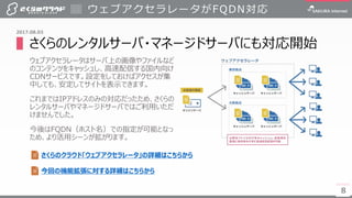 8
▌さくらのレンタルサーバ・マネージドサーバにも対応開始
ウェブアクセラレータはサーバ上の画像やファイルなど
のコンテンツをキャッシュし、高速配信する国内向け
CDNサービスです。設定をしておけばアクセスが集
中しても、安定してサイトを表示できます。
これまではIPアドレスのみの対応だったため、さくらの
レンタルサーバやマネージドサーバではご利用いただ
けませんでした。
今後はFQDN（ホスト名）での指定が可能となっ
ため、より活用シーンが拡がります。
ウェブアクセラレータがFQDN対応
8
さくらのクラウド「ウェブアクセラレータ」の詳細はこちらから
2017.08.03
今回の機能拡張に対する詳細はこちらから
 
