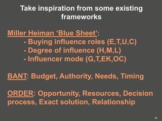 18
Take inspiration from some existing
frameworks
Miller Heiman ‘Blue Sheet’:
- Buying influence roles (E,T,U,C)
- Degree of influence (H,M,L)
- Influencer mode (G,T,EK,OC)
BANT: Budget, Authority, Needs, Timing
ORDER: Opportunity, Resources, Decision
process, Exact solution, Relationship
 