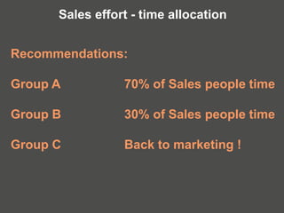 Recommendations:
Group A 70% of Sales people time
Group B 30% of Sales people time
Group C Back to marketing !
Sales effort - time allocation
 