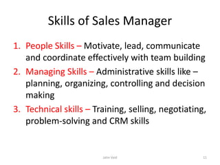 Skills of Sales Manager
1. People Skills – Motivate, lead, communicate
and coordinate effectively with team building
2. Managing Skills – Administrative skills like –
planning, organizing, controlling and decision
making
3. Technical skills – Training, selling, negotiating,
problem-solving and CRM skills
Jatin Vaid 11
 