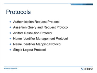Protocols
  Authentication Request Protocol
  Assertion Query and Request Protocol
  Artifact Resolution Protocol
  Name I...