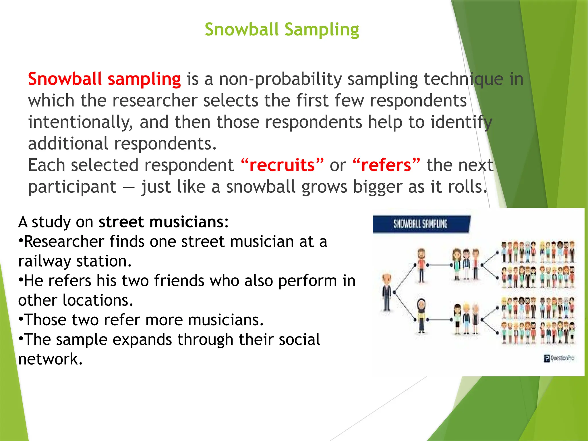 Snowball Sampling Snowball sampling is a non-probability sampling technique in which the researcher selects the first few respondents intentionally, and then those respondents help to identify additional respondents. Each selected respondent “recruits” or “refers” the next participant — just like a snowball grows bigger as it rolls. A study on street musicians: •Researcher finds one street musician at a railway station. •He refers his two friends who also perform in other locations. •Those two refer more musicians. •The sample expands through their social network. 