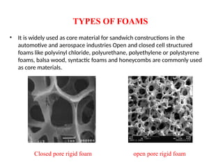 TYPES OF FOAMS
• It is widely used as core material for sandwich constructions in the
automotive and aerospace industries Open and closed cell structured
foams like polyvinyl chloride, polyurethane, polyethylene or polystyrene
foams, balsa wood, syntactic foams and honeycombs are commonly used
as core materials.
Closed pore rigid foam open pore rigid foam
 