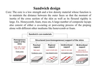 Sandwich design
Core: The core is a low strength and a low density material whose function is
to maintain the distance between the outer faces so that the moment of
inertia of the cross section of the skin as well as its flexural rigidity is
large. Ex. Honeycomb, foam, truss etc.A large number of composite layups
also consist of either a co-curing or post-curing process of the prepreg
along with different other mediums like honeycomb or foam.
 