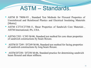 ASTM – Standards.
 ASTM D 790M-93 , Standard Test Methods for Flexural Properties of
Unreinforced and Reinforced Plastics and Electrical Insulating Materials
[Metric]
 ASTM C273/C273M-11, Shear Properties of Sandwich Core Materials ,
ASTM International, PA, USA.
 ASTM C393 / C393 M-06, Standard test method for core shear properties
of sandwich constructions by beam flexure.
 ASTM D 7249 / D7249 M-06, Standard test method for facing properties
of sandwich constructions by long beam flexure.
 ASTM D7250 / D7250 M-06, Standard practice for determining sandwich
beam flexural and shear stiffness.
51
 