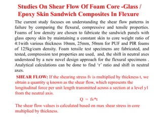 Studies On Shear Flow Of Foam Core -Glass /
Epoxy Skin Sandwich Composites In Flexure
The current study focuses on understanding the shear flow patterns in
failure by comparing the flexural, compressive and tensile properties.
Foams of low density are chosen to fabricate the sandwich panels with
glass epoxy skin by maintaining a constant skin to core weight ratio of
4:1with various thickness 10mm, 25mm, 50mm for PUF and PIR foams
of 125kg/cum density. Foam tensile test specimens are fabricated, and
tested, compression test properties are used, and, the shift in neutral axes
understood by a new novel design approach for the flexural specimens .
Analytical calculations can be done to find ‘r’ ratio and shift in neutral
axes.
SHEAR FLOW: If the shearing stress fv is multiplied by thickness t, we
obtain a quantity q known as the shear flow, which represents the
longitudinal force per unit length transmitted across a section at a level y1
from the neutral axis.
Q = fv*t
The shear flow values is calculated based on max shear stress in core
multiplied by thickness.
 
