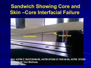 Sandwich Showing Core and
Skin –Core Interfacial Failure
Tensile face
Core failure
Ref: ASTM C 393/C393M-06, ASTM D7249/ D 7249 M-06, ASTM D7250/
D7250M-06 Test Methods
 
