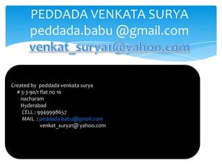 PEDDADA VENKATA SURYA
       peddada.babu @gmail.com

                      PEDDADA VENKATA SURYA
                      peddada.babu @gmail.com
Created by peddada venkata surya
  # 3-3-90/1 flat no 16
    nacharam
    Hyderabad
    CELL : 9949998657
    MAIL : peddada.babu@gmail.com
             venkat_surya1@ yahoo.com
 