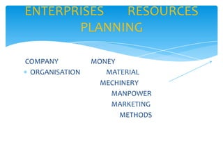 ENTERPRISES  RESOURCES
       PLANNING

COMPANY         MONEY
 ORGANISATION      MATERIAL
                  MECHINERY
                    MANPOWER
                    MARKETING
                      METHODS
 