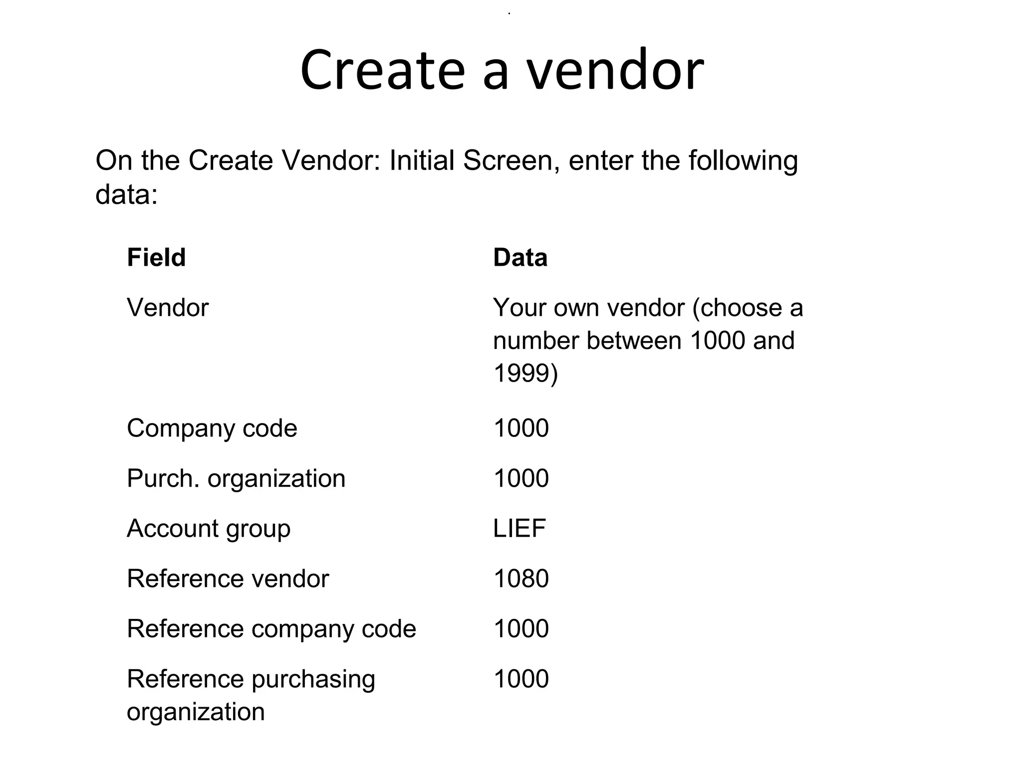 Create a vendor
Field Data
Vendor Your own vendor (choose a
number between 1000 and
1999)
Company code 1000
Purch. organization 1000
Account group LIEF
Reference vendor 1080
Reference company code 1000
Reference purchasing
organization
1000
.
On the Create Vendor: Initial Screen, enter the following
data:
 