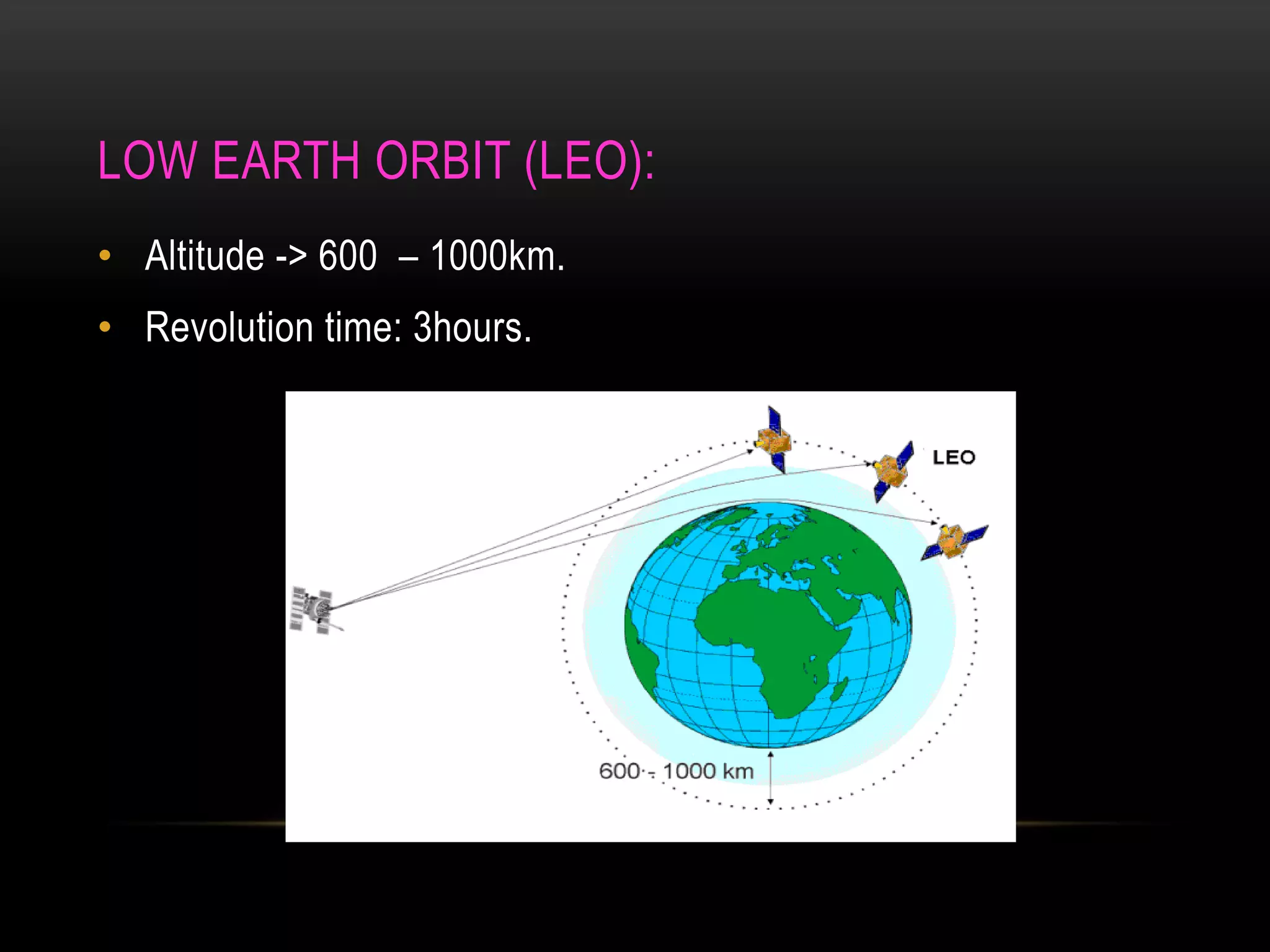 LOW EARTH ORBIT (LEO):
• Altitude -> 600 – 1000km.
• Revolution time: 3hours.
 