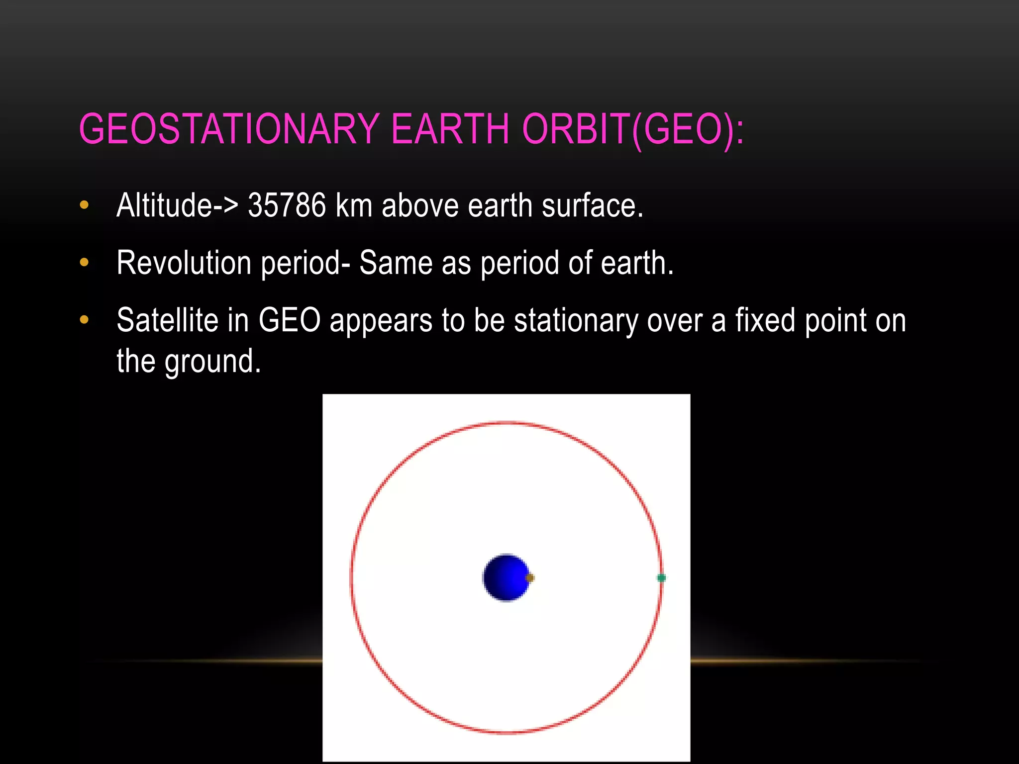 GEOSTATIONARY EARTH ORBIT(GEO):
• Altitude-> 35786 km above earth surface.
• Revolution period- Same as period of earth.
• Satellite in GEO appears to be stationary over a fixed point on
the ground.
 