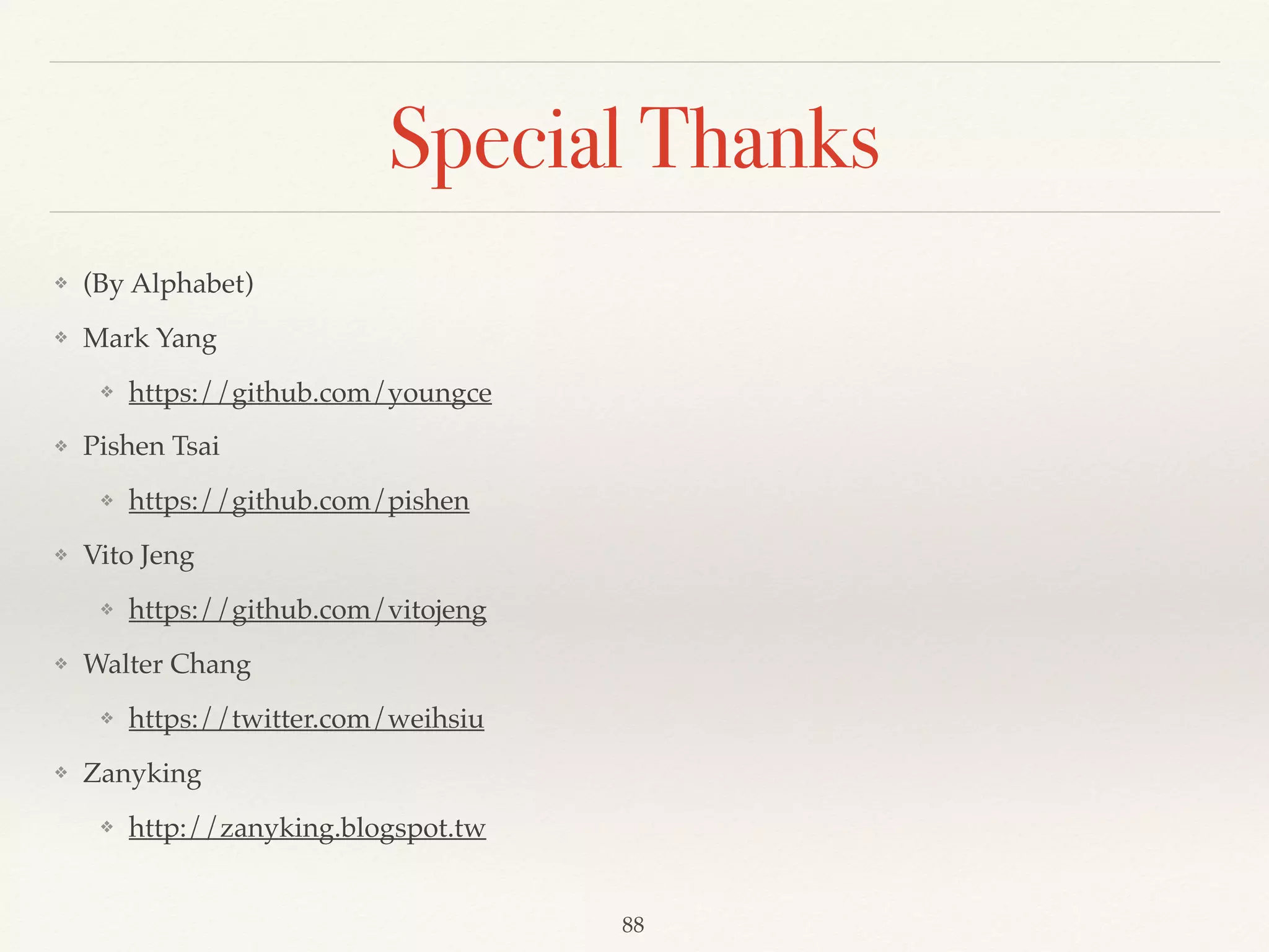 For-comprehensions
// List of People has TW passport
for { 
people <- PeopleRepository.getAll 
if (people.countries.contains("TW")) 
} yield people 
 
(for { 
people <- PeopleRepository.getAll 
country <- people.countries 
} yield country).toSet
Demo08
 