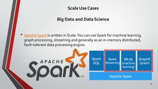 Scala Use Cases
Big Data and Data Science
• Apache Spark is written in Scala.You can use Spark for machine learning,
graph processing, streaming and generally as an in-memory distributed,
fault-tolerant data processing engine.
21
 