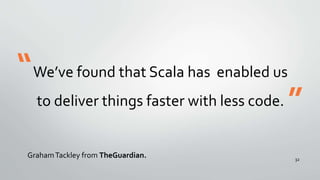 We’ve found that Scala has enabled us
to deliver things faster with less code.
GrahamTackley from TheGuardian.
“
”
32
 