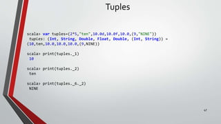 Tuples
scala> var tuples=(2*5,"ten",10.0d,10.0f,10.0,(9,"NINE"))
tuples: (Int, String, Double, Float, Double, (Int, String)) =
(10,ten,10.0,10.0,10.0,(9,NINE))
scala> print(tuples._1)
10
scala> print(tuples._2)
ten
scala> print(tuples._6._2)
NINE
47
 