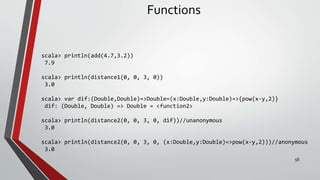 Functions
scala> println(add(4.7,3.2))
7.9
scala> println(distance1(0, 0, 3, 0))
3.0
scala> var dif:(Double,Double)=>Double=(x:Double,y:Double)=>{pow(x-y,2)}
dif: (Double, Double) => Double = <function2>
scala> println(distance2(0, 0, 3, 0, dif))//unanonymous
3.0
scala> println(distance2(0, 0, 3, 0, (x:Double,y:Double)=>pow(x-y,2)))//anonymous
3.0
56
 
