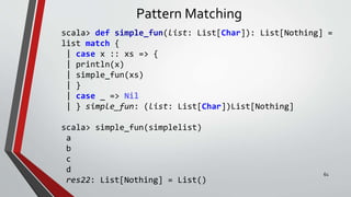 Pattern Matching
scala> def simple_fun(list: List[Char]): List[Nothing] =
list match {
| case x :: xs => {
| println(x)
| simple_fun(xs)
| }
| case _ => Nil
| } simple_fun: (list: List[Char])List[Nothing]
scala> simple_fun(simplelist)
a
b
c
d
res22: List[Nothing] = List()
61
 