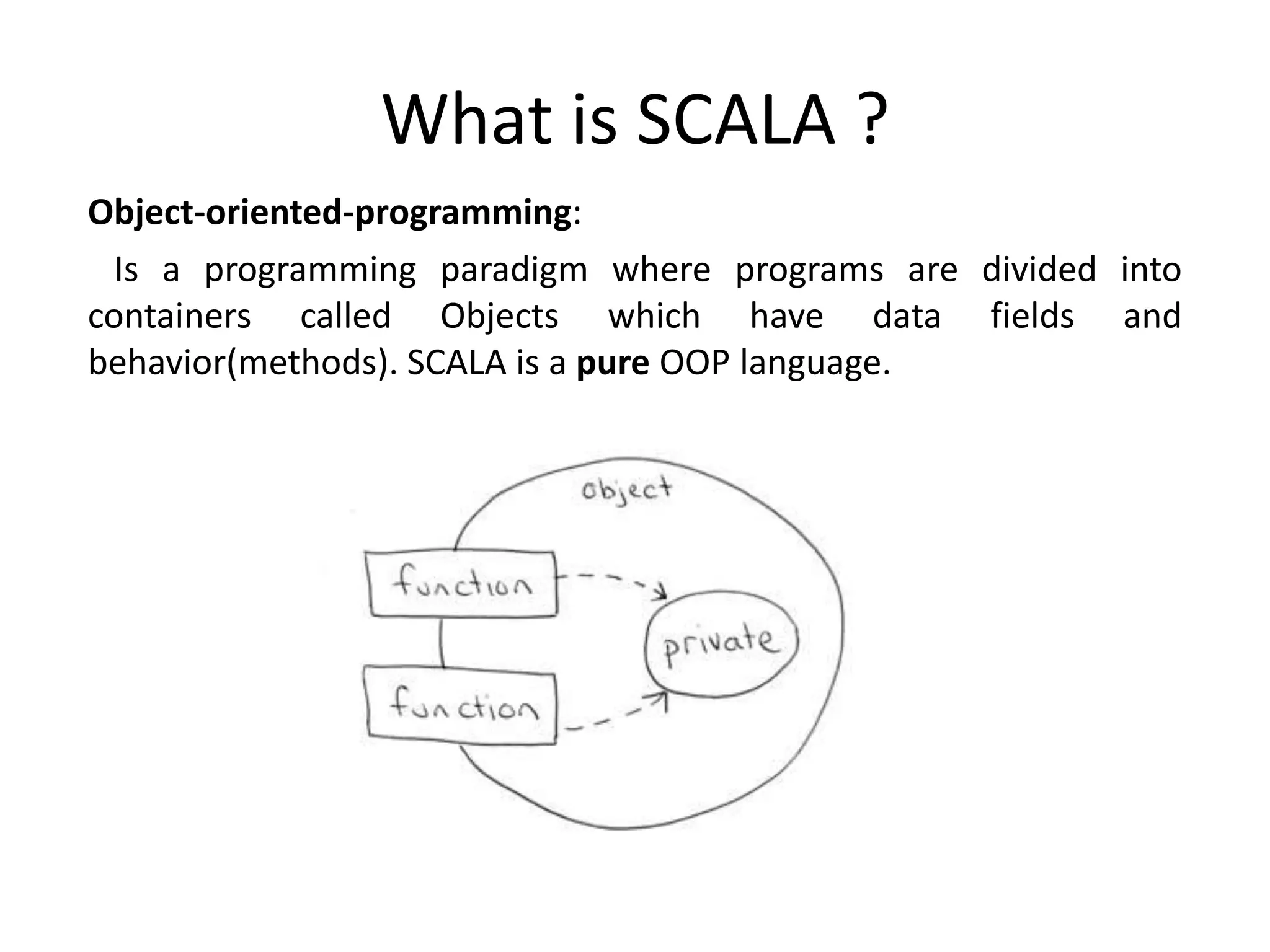 What is SCALA ? Object-oriented-programming: Is a programming paradigm where programs are divided into containers called Objects which have data fields and behavior(methods). SCALA is a pure OOP language. 
