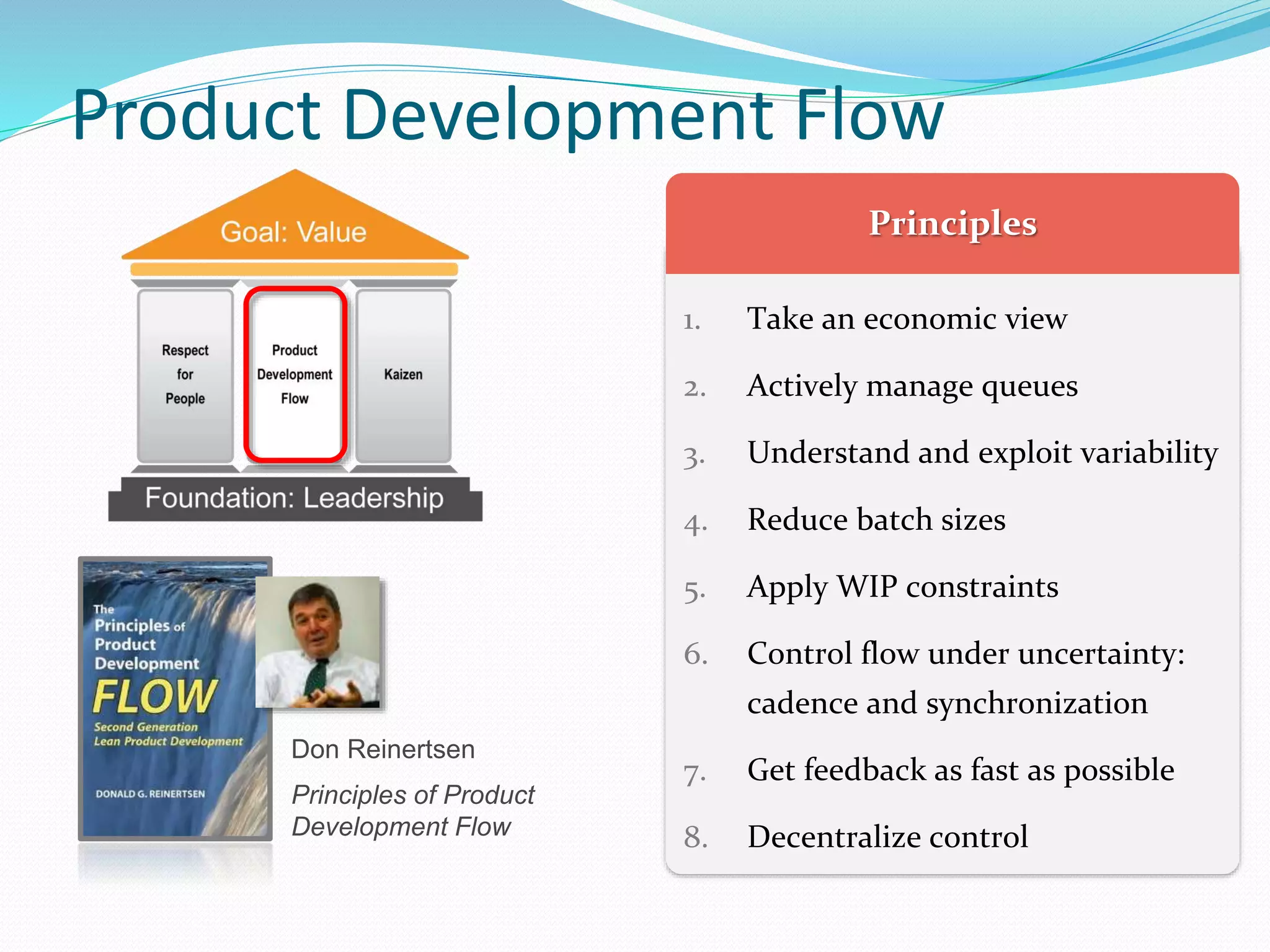 Product Development Flow
Don Reinertsen
Principles of Product
Development Flow
1. Take an economic view
2. Actively manage queues
3. Understand and exploit variability
4. Reduce batch sizes
5. Apply WIP constraints
6. Control flow under uncertainty:
cadence and synchronization
7. Get feedback as fast as possible
8. Decentralize control
 