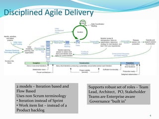 Disciplined Agile Delivery
4
2 models – Iteration based and
Flow Based
Uses non Scrum terminology
• Iteration instead of Sprint
• Work item list – instead of a
Product backlog
Supports robust set of roles – Team
Lead, Architect, PO, Stakeholder
Teams are Enterprise aware
Governance “built in”
 