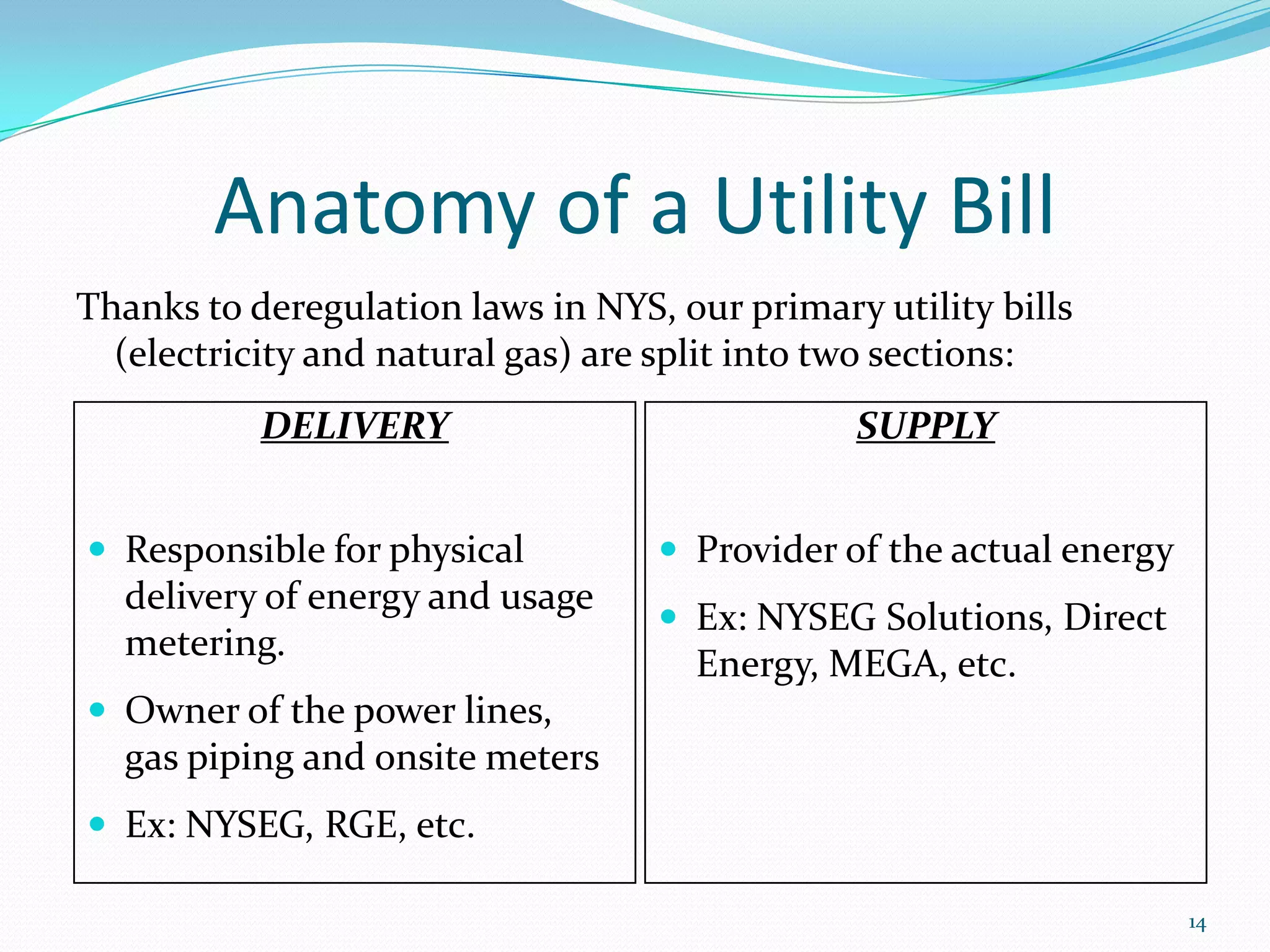 Anatomy of a Utility Bill
Thanks to deregulation laws in NYS, our primary utility bills
  (electricity and natural gas) are split into two sections:
           DELIVERY                            SUPPLY


 Responsible for physical          Provider of the actual energy
  delivery of energy and usage
                                    Ex: NYSEG Solutions, Direct
  metering.
                                     Energy, MEGA, etc.
 Owner of the power lines,
  gas piping and onsite meters
 Ex: NYSEG, RGE, etc.

                                                                     14
 