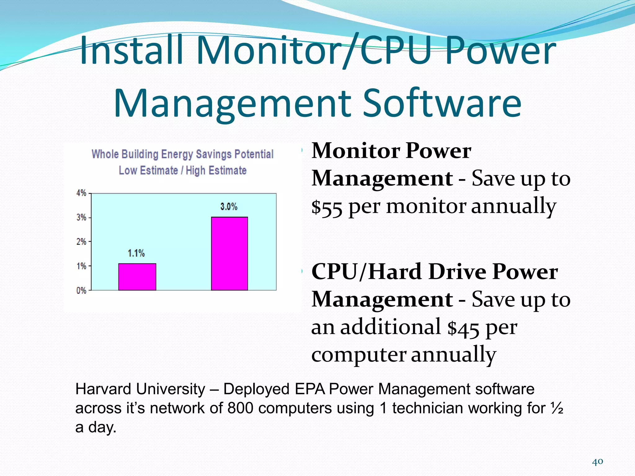 Install Monitor/CPU Power
  Management Software
                               Monitor Power
                                 Management - Save up to
                                 $55 per monitor annually

                               CPU/Hard Drive Power
                                 Management - Save up to
                                 an additional $45 per
                                 computer annually
Harvard University – Deployed EPA Power Management software
across it’s network of 800 computers using 1 technician working for ½
a day.
                                                                        40
 