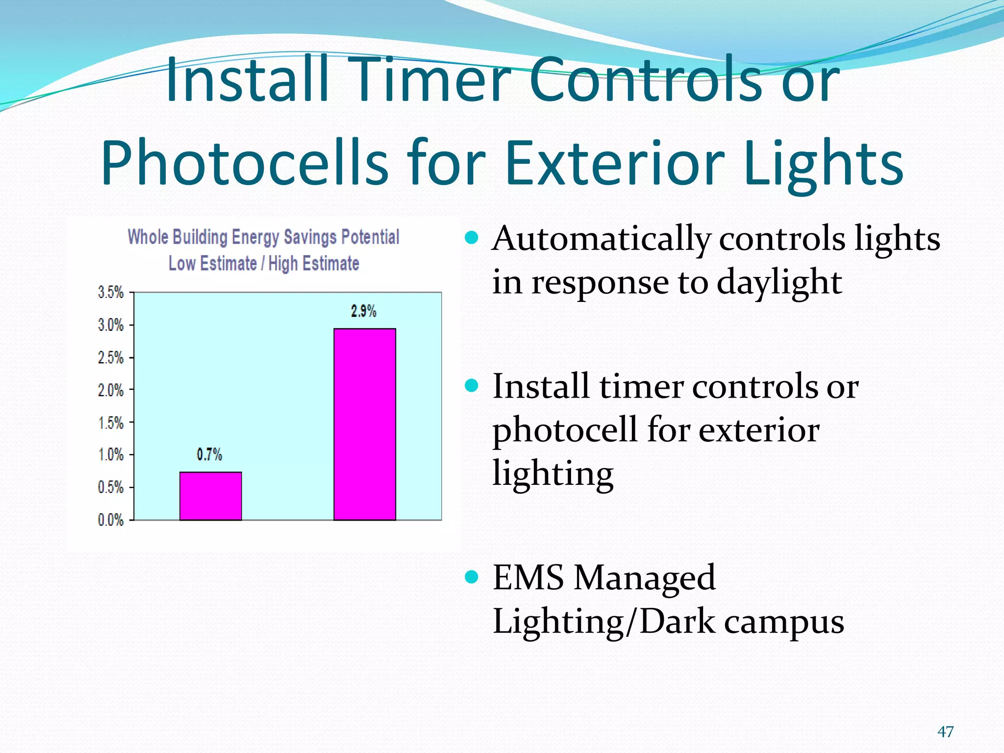 Install Timer Controls or
Photocells for Exterior Lights
              Automatically controls lights
               in response to daylight

              Install timer controls or
               photocell for exterior
               lighting

              EMS Managed
               Lighting/Dark campus

                                           47
 