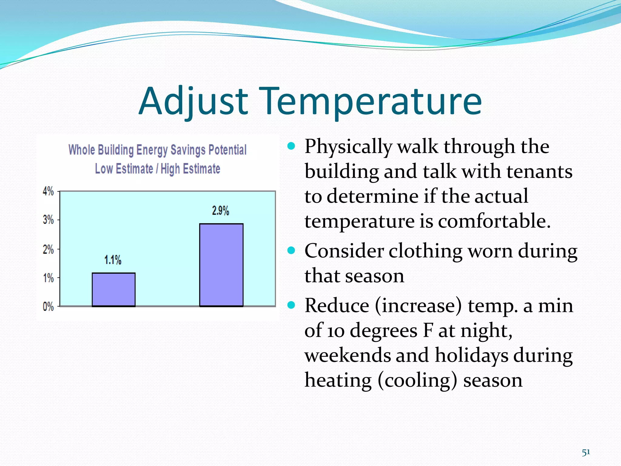 Adjust Temperature
        Physically walk through the
         building and talk with tenants
         to determine if the actual
         temperature is comfortable.
        Consider clothing worn during
         that season
        Reduce (increase) temp. a min
         of 10 degrees F at night,
         weekends and holidays during
         heating (cooling) season


                                          51
 
