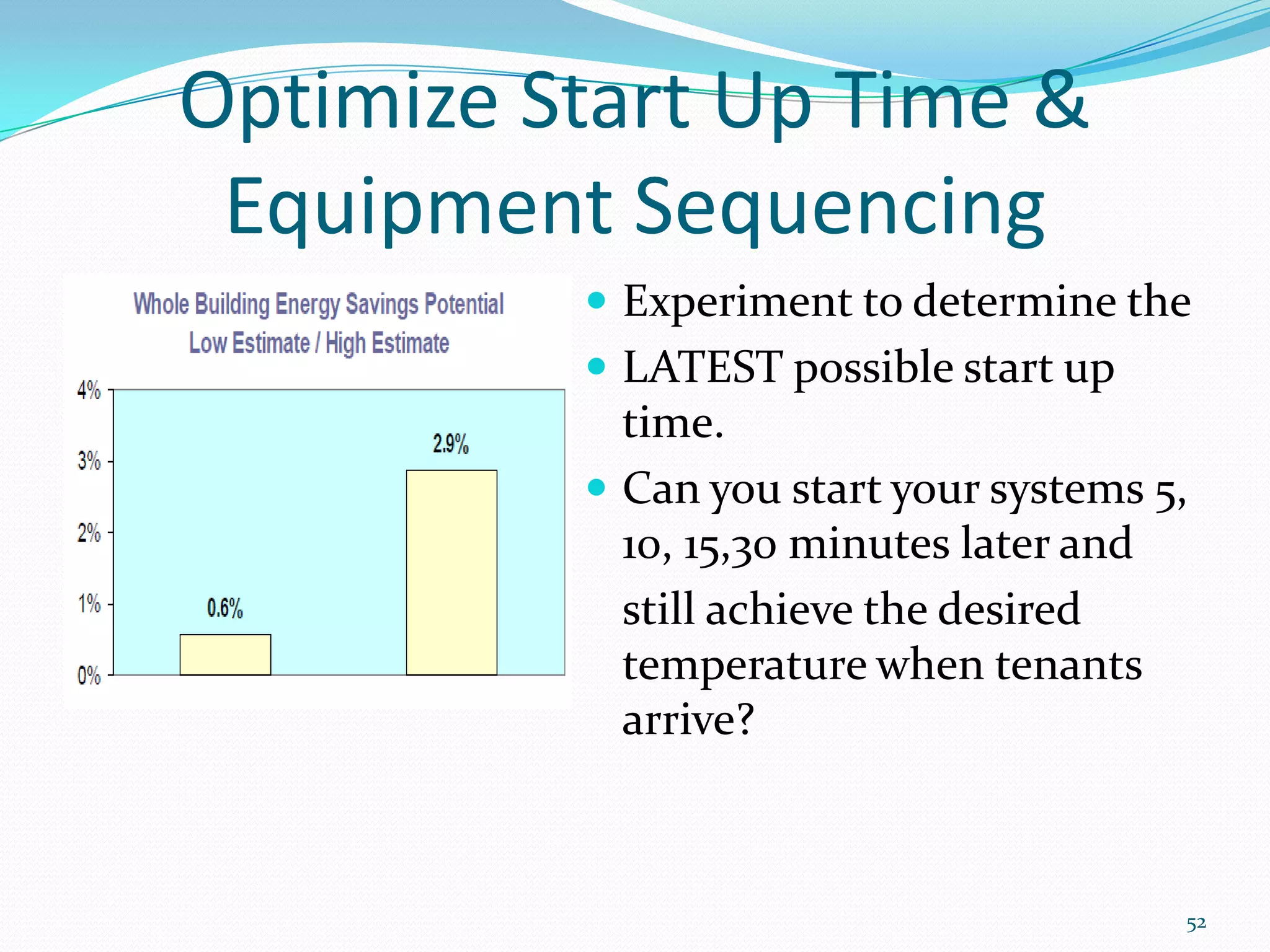 Optimize Start Up Time &
 Equipment Sequencing
           Experiment to determine the
           LATEST possible start up
            time.
           Can you start your systems 5,
            10, 15,30 minutes later and
            still achieve the desired
            temperature when tenants
            arrive?



                                        52
 