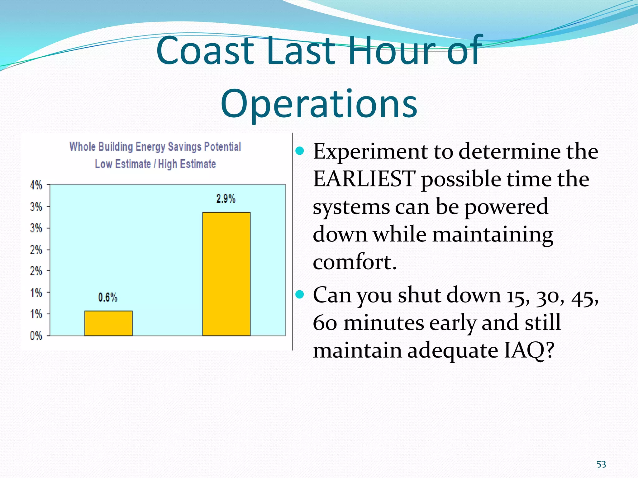 Coast Last Hour of
   Operations
        Experiment to determine the
         EARLIEST possible time the
         systems can be powered
         down while maintaining
         comfort.
        Can you shut down 15, 30, 45,
         60 minutes early and still
         maintain adequate IAQ?



                                     53
 