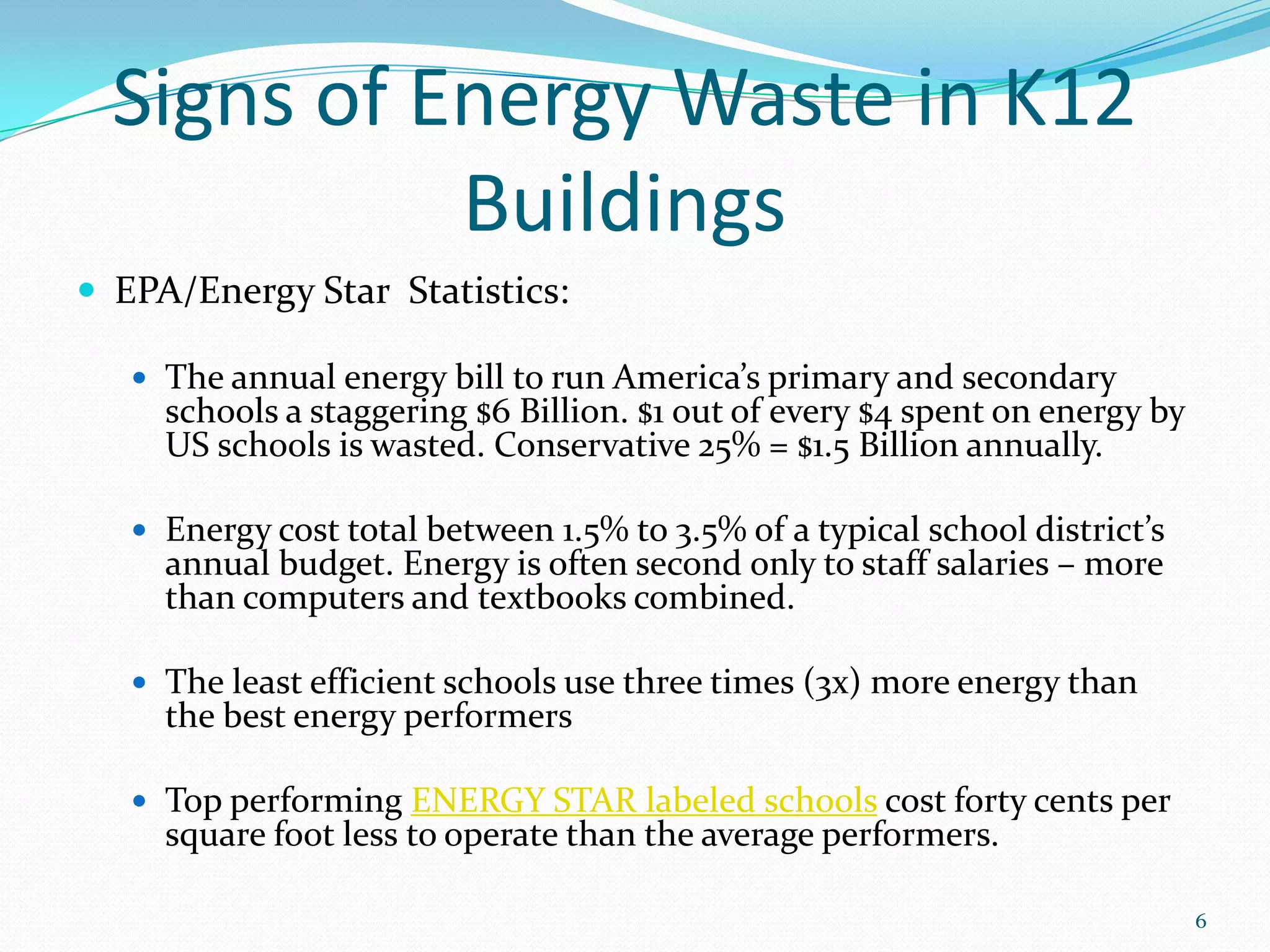 Signs of Energy Waste in K12
            Buildings
 EPA/Energy Star Statistics:

    The annual energy bill to run America’s primary and secondary
     schools a staggering $6 Billion. $1 out of every $4 spent on energy by
     US schools is wasted. Conservative 25% = $1.5 Billion annually.

    Energy cost total between 1.5% to 3.5% of a typical school district’s
     annual budget. Energy is often second only to staff salaries – more
     than computers and textbooks combined.

    The least efficient schools use three times (3x) more energy than
     the best energy performers

    Top performing ENERGY STAR labeled schools cost forty cents per
     square foot less to operate than the average performers.

                                                                              6
 