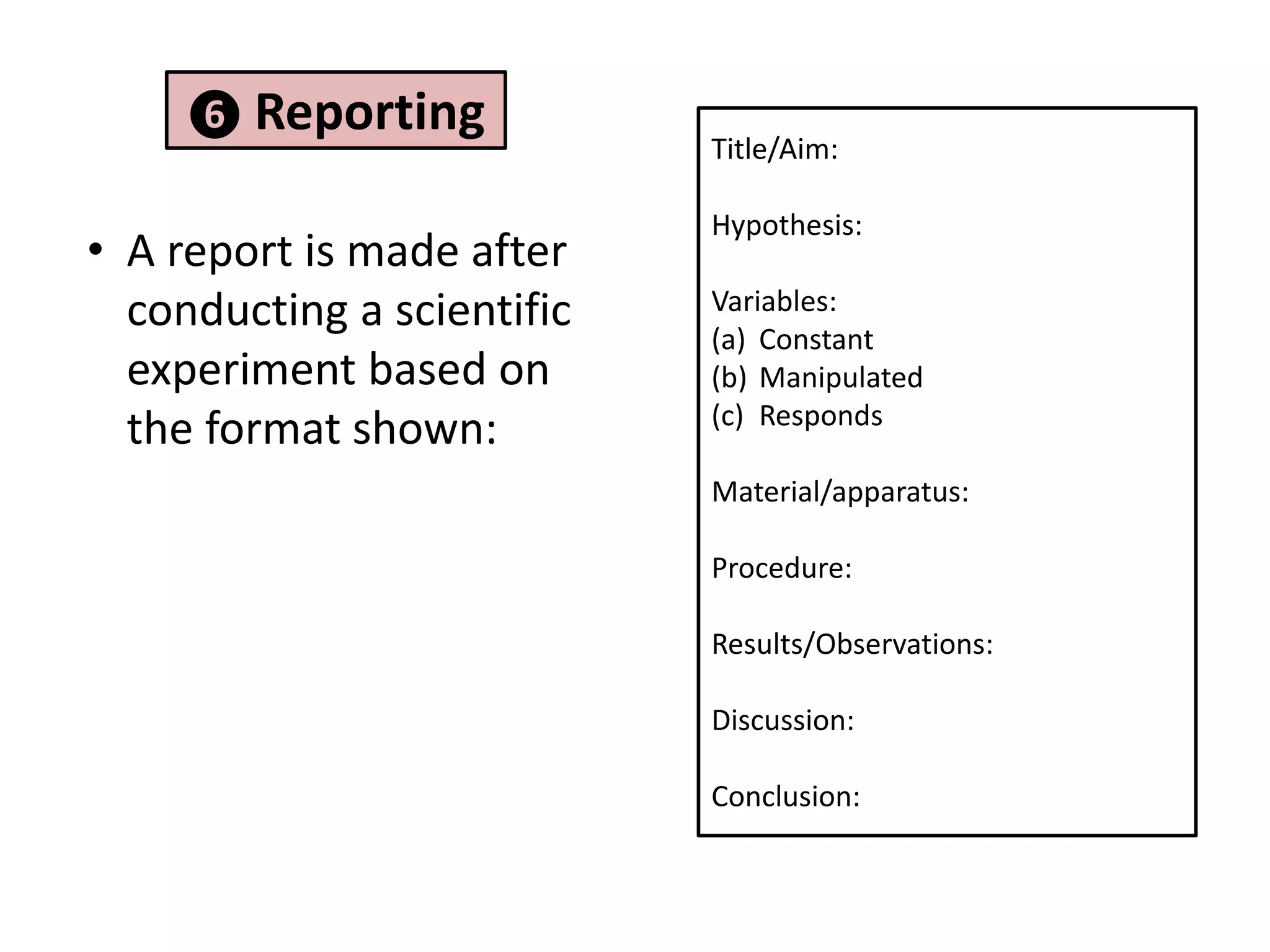 ❻ Reporting
                            Title/Aim:

                            Hypothesis:
• A report is made after
  conducting a scientific   Variables:
                            (a) Constant
  experiment based on       (b) Manipulated
                            (c) Responds
  the format shown:
                            Material/apparatus:

                            Procedure:

                            Results/Observations:

                            Discussion:

                            Conclusion:
 